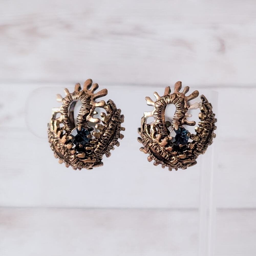 Vintage Clip On Earrings Very Dark Goldish Brassy Tone with Blue? Gems